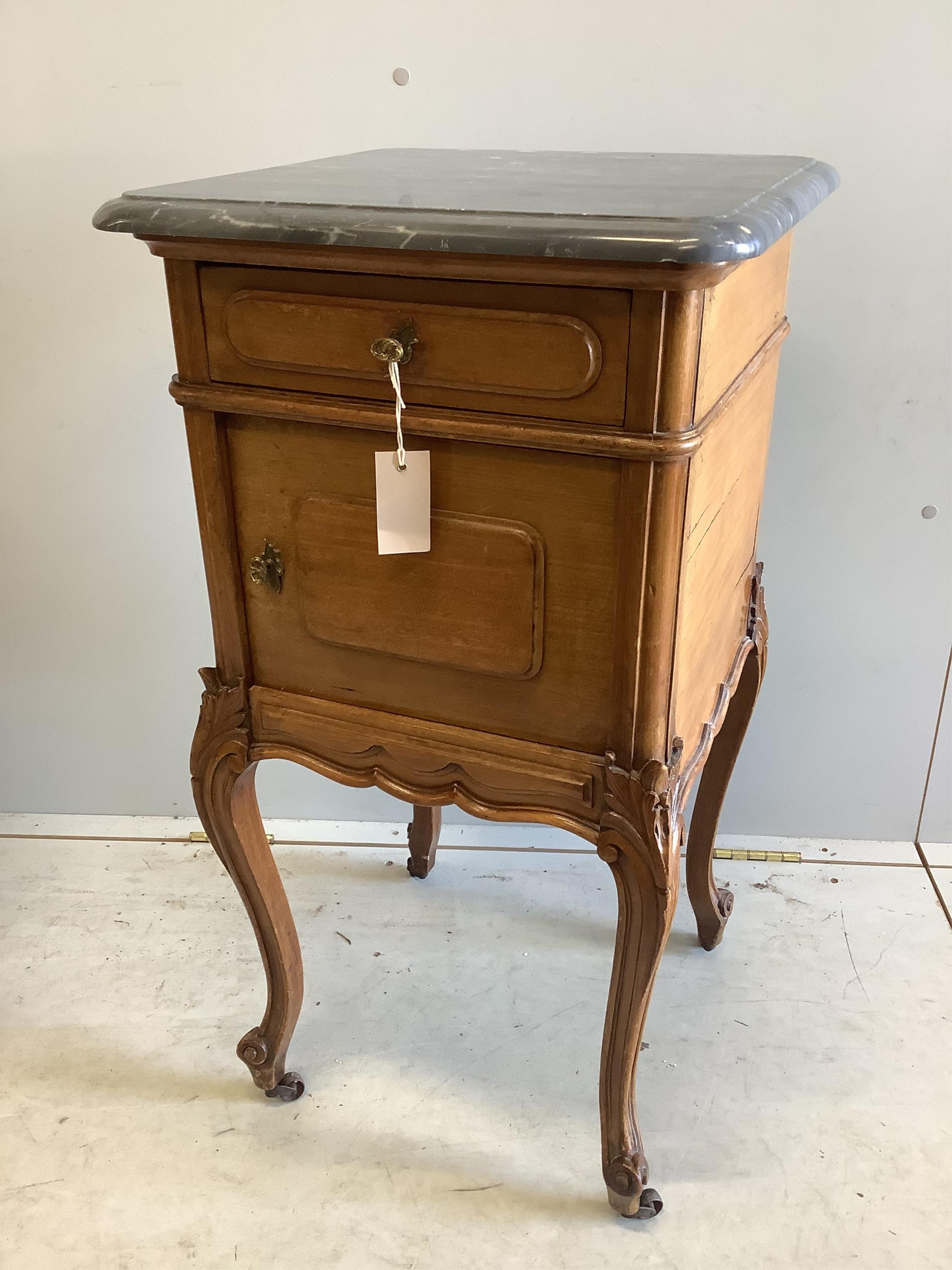 A pair of late 19th / early 20th century French mahogany marble top bedside cabinets, width 43cm, depth 43cm, height 83cm. Condition - good